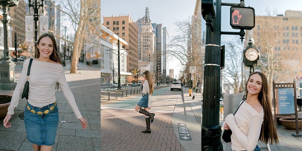 senior in white shirt and jean skirt walking on downtown street