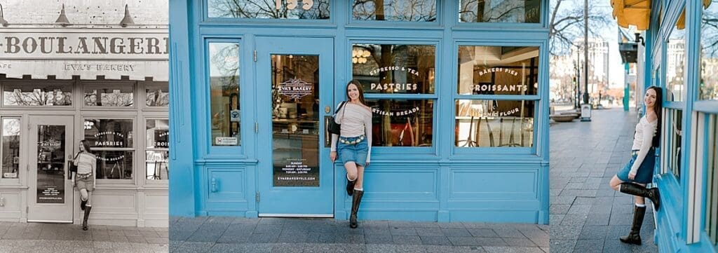 senior girl posing in front of a blue bakery storefront with Heidi Burton Photography