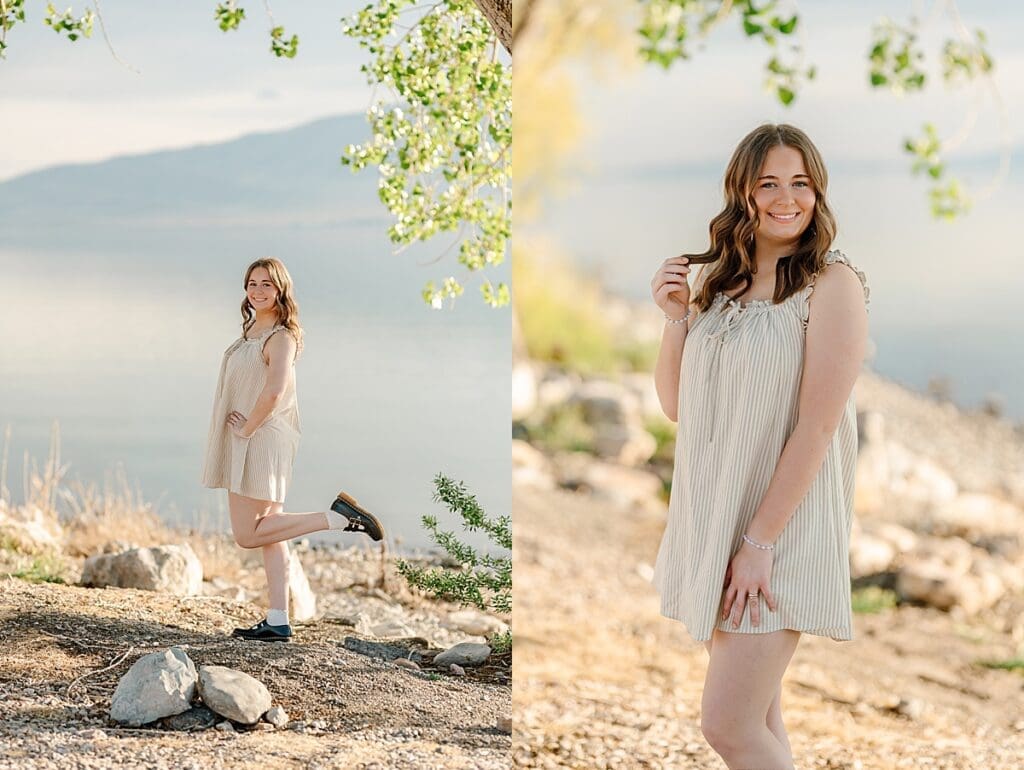 senior girl smiles by tree in front of Utah Lake with Heidi Burton Photography