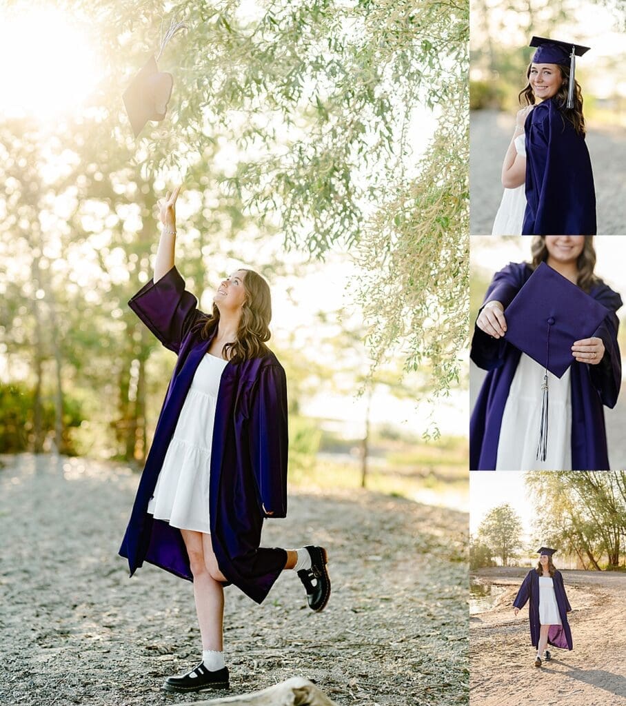 senior girl in her purple cap and gown poses for the camera at Utah Lake with Heidi Burton Photography